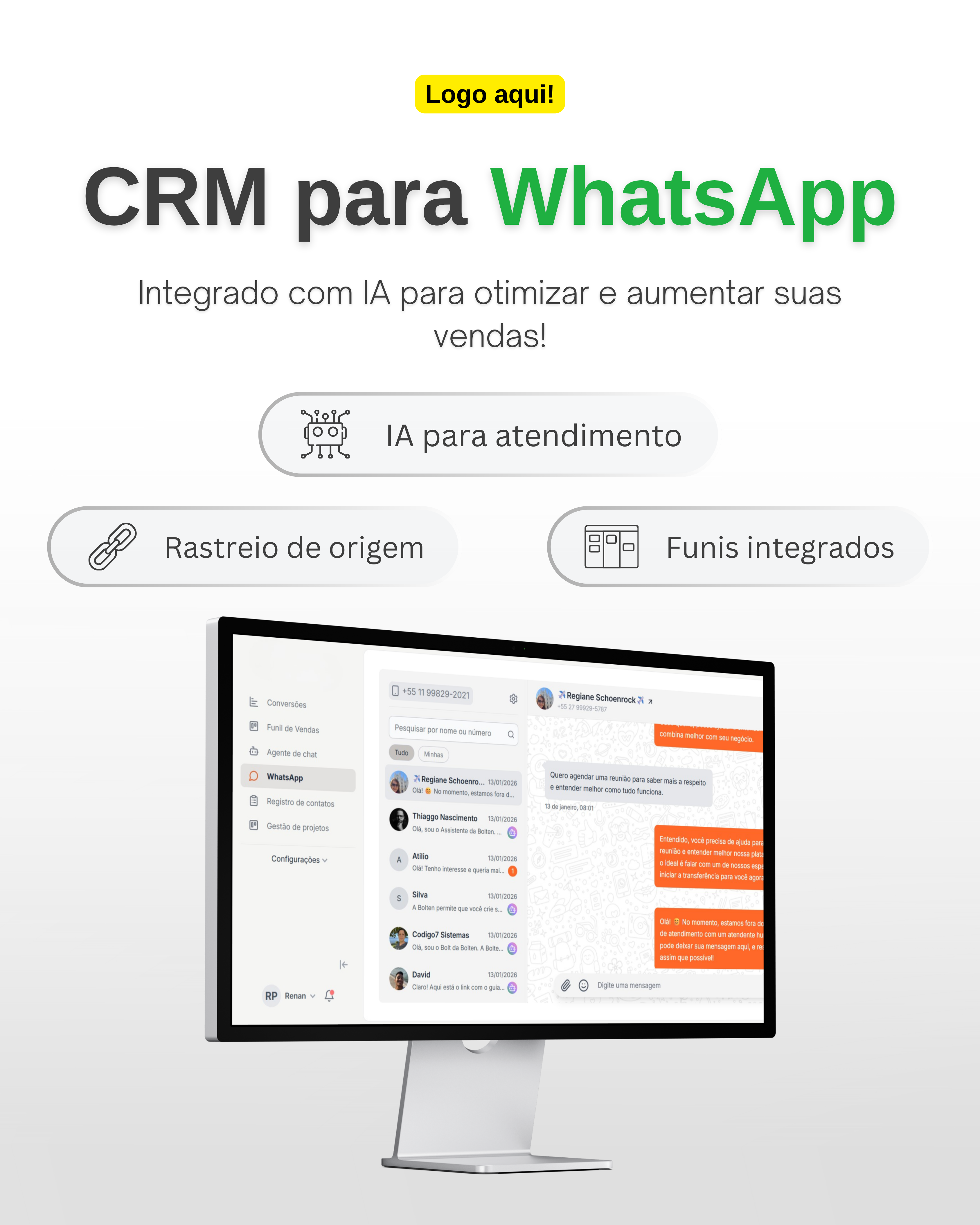 Tela do CRM para WhatsApp com agente de IA, funil de vendas e operacao multicanal